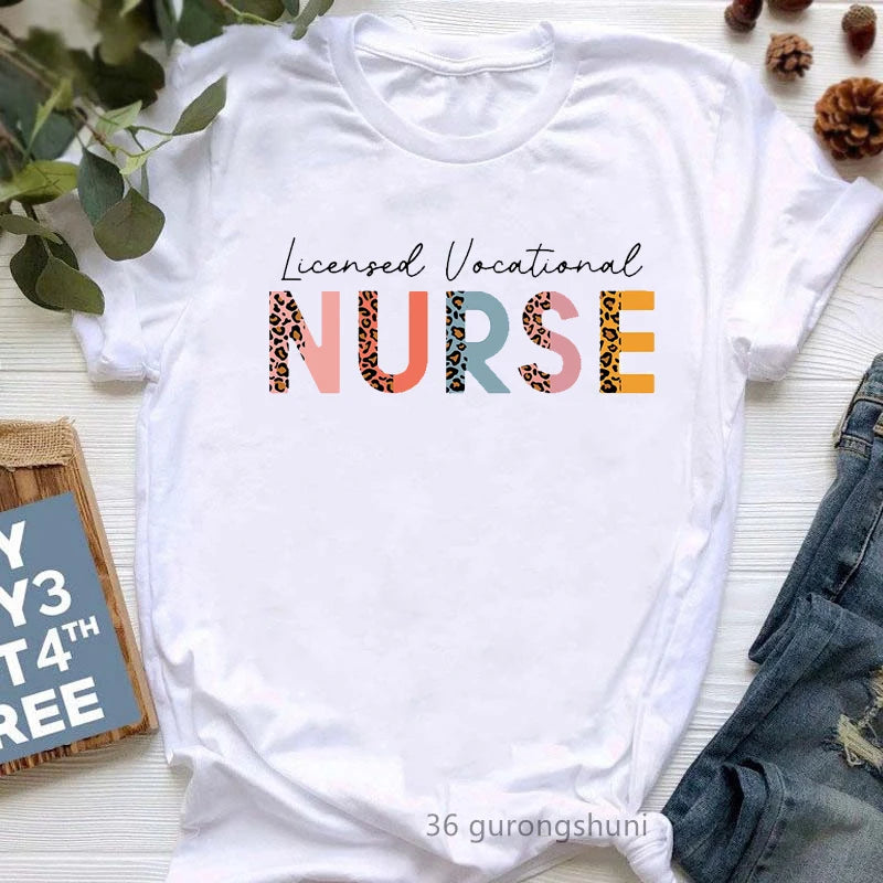 Registered Nurse Letter Print T Shirt Women Leopard  T-Shirt Female Tops