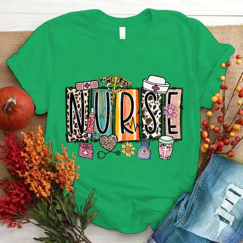 Nurse Print T-shrits For Women  Short Sleeve Round Neck Loose T-shirt Fashion