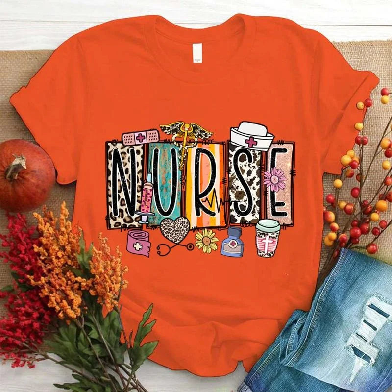 Nurse Print T-shrits For Women  Short Sleeve Round Neck Loose T-shirt Fashion