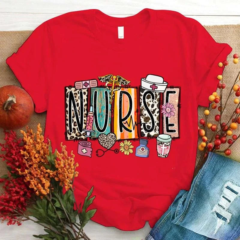 Nurse Print T-shrits For Women  Short Sleeve Round Neck Loose T-shirt Fashion