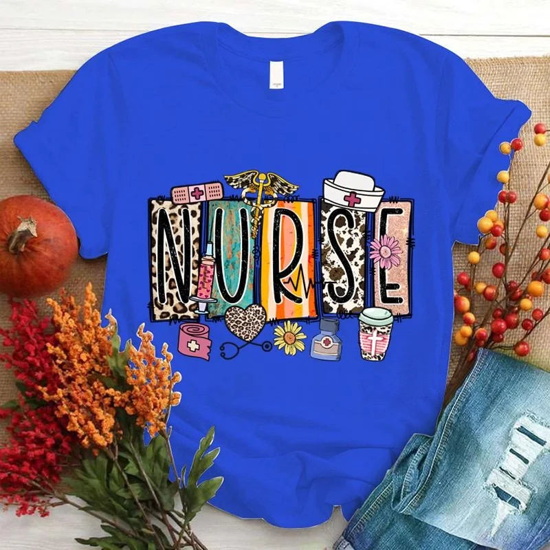 Nurse Print T-shrits For Women  Short Sleeve Round Neck Loose T-shirt Fashion