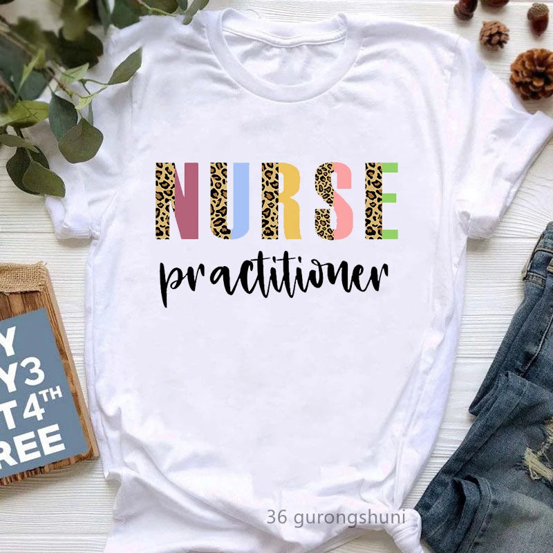 Registered Nurse Letter Print T Shirt Women Leopard  T-Shirt Female Tops