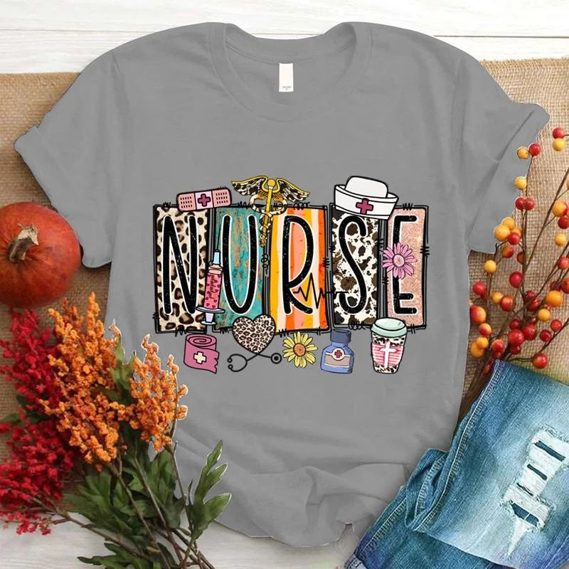 Nurse Print T-shrits For Women  Short Sleeve Round Neck Loose T-shirt Fashion