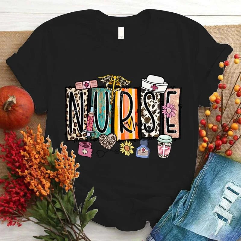 Nurse Print T-shrits For Women  Short Sleeve Round Neck Loose T-shirt Fashion