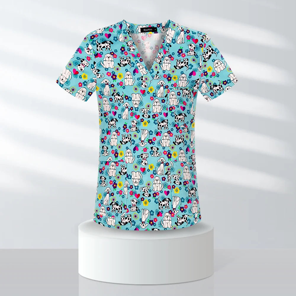 Scrubs Uniforms Women/ Men Short Sleeve Cartoon Print V Neck